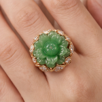 Carved Jade Lotus Flower Ring with Cubic Zirconia in Gold Tone - Image 2