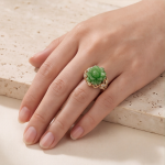 Carved Jade Lotus Flower Ring with Cubic Zirconia in Gold Tone - Image 8