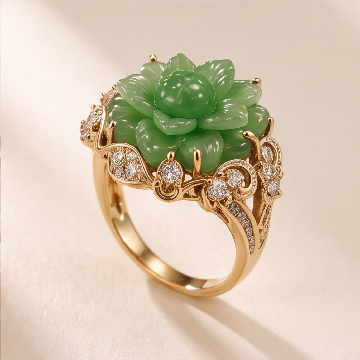 1786350183_06c16181-9 Carved Jade Lotus Flower Ring with Cubic Zirconia in Gold Tone - Image 1