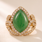 Marquise Jade Cabochon Ring with Pave Swirl Setting in Yellow Gold Tone - Image 9