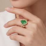 Marquise Jade Cabochon Ring with Pave Swirl Setting in Yellow Gold Tone - Image 8
