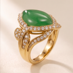 Marquise Jade Cabochon Ring with Pave Swirl Setting in Yellow Gold Tone - Image 6