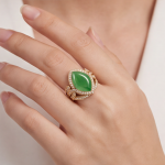 Marquise Jade Cabochon Ring with Pave Swirl Setting in Yellow Gold Tone - Image 2