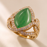 Marquise Jade Cabochon Ring with Pave Swirl Setting in Yellow Gold Tone - Image 3