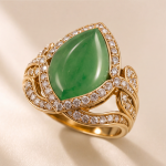 Marquise Jade Cabochon Ring with Pave Swirl Setting in Yellow Gold Tone - Image 10
