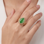 Marquise Jade Cabochon Ring with Pave Swirl Setting in Yellow Gold Tone - Image 5