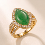 Marquise Jade Cabochon Ring with Pave Swirl Setting in Yellow Gold Tone