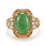 Oval Jade Cabochon Ring with Scrolled Gold Frame and Cubic Zirconia Clusters - Image 7