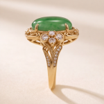 Oval Jade Cabochon Ring with Scrolled Gold Frame and Cubic Zirconia Clusters - Image 6