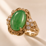 Oval Jade Cabochon Ring with Scrolled Gold Frame and Cubic Zirconia Clusters