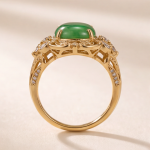 Oval Jade Cabochon Ring with Scrolled Gold Frame and Cubic Zirconia Clusters - Image 4