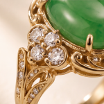 Oval Jade Cabochon Ring with Scrolled Gold Frame and Cubic Zirconia Clusters - Image 9
