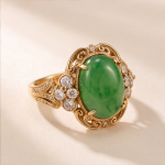 Oval Jade Cabochon Ring with Scrolled Gold Frame and Cubic Zirconia Clusters - Image 3