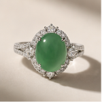 Oval Jade Cabochon Halo Ring with Split Shank in Rhodium-Plated Sterling Silver - Image 9