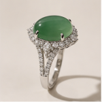 Oval Jade Cabochon Halo Ring with Split Shank in Rhodium-Plated Sterling Silver - Image 8