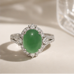 Oval Jade Cabochon Halo Ring with Split Shank in Rhodium-Plated Sterling Silver - Image 7