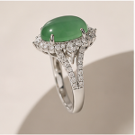 Oval Jade Cabochon Halo Ring with Split Shank in Rhodium-Plated Sterling Silver - Image 6