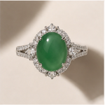Oval Jade Cabochon Halo Ring with Split Shank in Rhodium-Plated Sterling Silver - Image 5