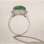 Oval Jade Cabochon Halo Ring with Split Shank in Rhodium-Plated Sterling Silver - Image 4