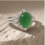 Oval Jade Cabochon Halo Ring with Split Shank in Rhodium-Plated Sterling Silver