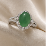 Oval Jade Cabochon Halo Ring with Split Shank in Rhodium-Plated Sterling Silver - Image 2