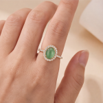 Oval Jade Halo Ring with Pave Band in Yellow Gold Tone - Image 5