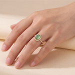 Oval Jade Halo Ring with Pave Band in Yellow Gold Tone - Image 8