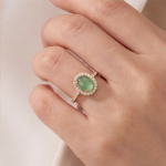 Oval Jade Halo Ring with Pave Band in Yellow Gold Tone - Image 2