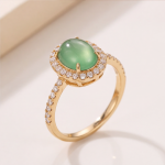Oval Jade Halo Ring with Pave Band in Yellow Gold Tone