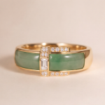Green Jade Inlay Band Ring with Baguette Cubic Zirconia in Gold Tone - Image 6