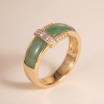 Green Jade Inlay Band Ring with Baguette Cubic Zirconia in Gold Tone