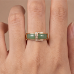 Green Jade Inlay Band Ring with Baguette Cubic Zirconia in Gold Tone - Image 2