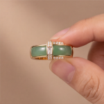 Green Jade Inlay Band Ring with Baguette Cubic Zirconia in Gold Tone - Image 5