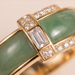 Green Jade Inlay Band Ring with Baguette Cubic Zirconia in Gold Tone - Image 9