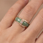 Green Jade Inlay Band Ring with Baguette Cubic Zirconia in Gold Tone - Image 8