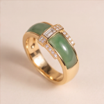 Green Jade Inlay Band Ring with Baguette Cubic Zirconia in Gold Tone - Image 3