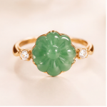 Carved Jade Flower Ring with Cubic Zirconia Shoulders in Gold Tone - Image 6