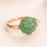 Carved Jade Flower Ring with Cubic Zirconia Shoulders in Gold Tone
