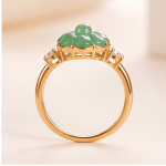 Carved Jade Flower Ring with Cubic Zirconia Shoulders in Gold Tone - Image 3