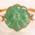 Carved Jade Flower Ring with Cubic Zirconia Shoulders in Gold Tone - Image 7