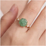 Carved Jade Flower Ring with Cubic Zirconia Shoulders in Gold Tone - Image 2