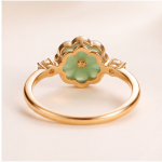 Carved Jade Flower Ring with Cubic Zirconia Shoulders in Gold Tone - Image 4