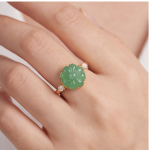 Carved Jade Flower Ring with Cubic Zirconia Shoulders in Gold Tone - Image 5