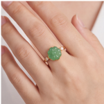 Carved Jade Flower Ring with Cubic Zirconia Shoulders in Gold Tone - Image 8