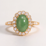 Oval Green Jade Cabochon Halo Ring in Gold Tone