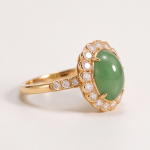 Oval Green Jade Cabochon Halo Ring in Gold Tone - 图片 4