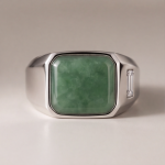 Men's Square Green Jade Signet Ring with Baguette Cubic Zirconia in Sterling Silver - Image 4