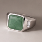 Men's Square Green Jade Signet Ring with Baguette Cubic Zirconia in Sterling Silver