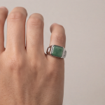 Men's Square Green Jade Signet Ring with Baguette Cubic Zirconia in Sterling Silver - Image 8