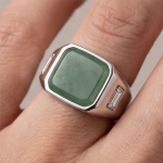Men's Square Green Jade Signet Ring with Baguette Cubic Zirconia in Sterling Silver - Image 2